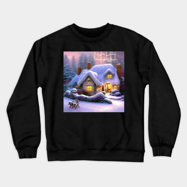 Magical Fantasy Cottage with Lights In A Snowy Scene, Scenery Nature Crewneck Sweatshirt by Promen Art